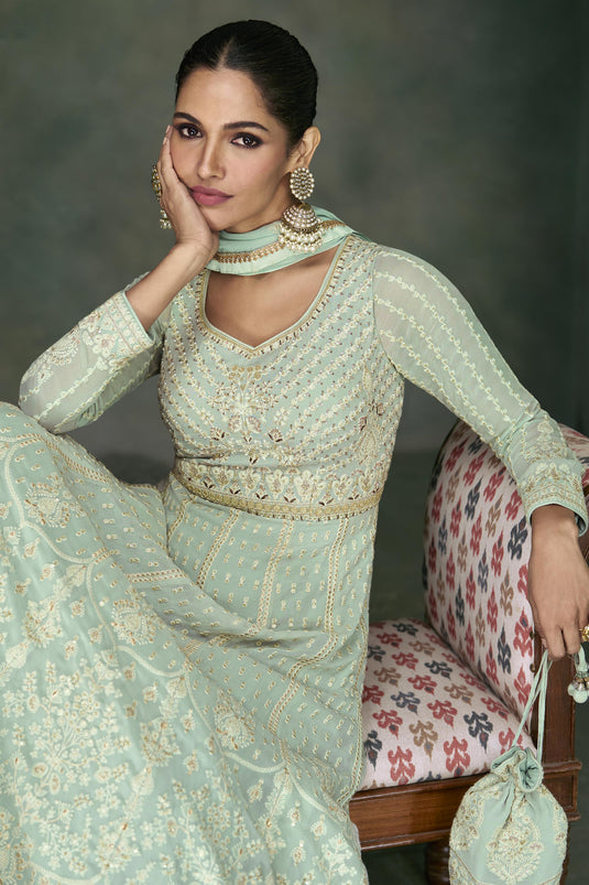 Light Cyan Color Embroidered Readymade Long Anarkali Style Gown With Dupatta