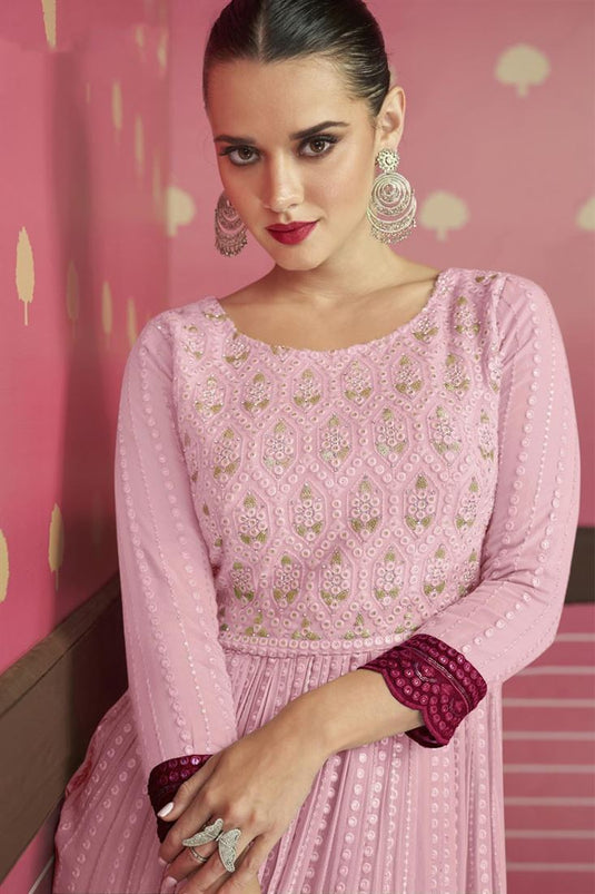 Georgette Fabric Pink Color Elegant Embroidered Work Palazzo Suit