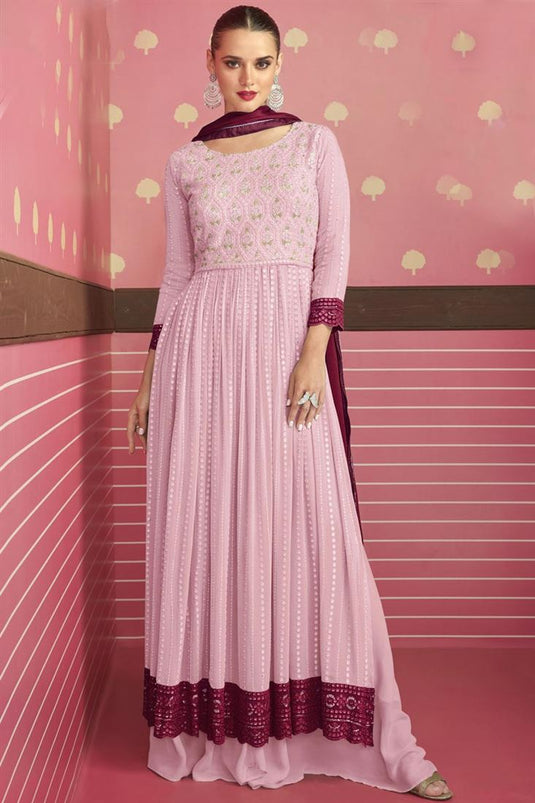 Georgette Fabric Pink Color Elegant Embroidered Work Palazzo Suit