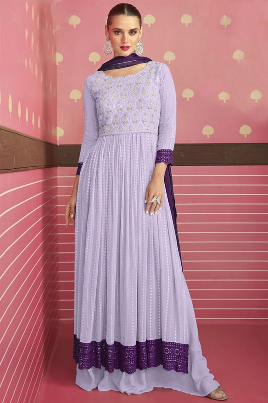 Georgette Fabric Brilliant Embroidered Work Palazzo Suit In Lavender Color