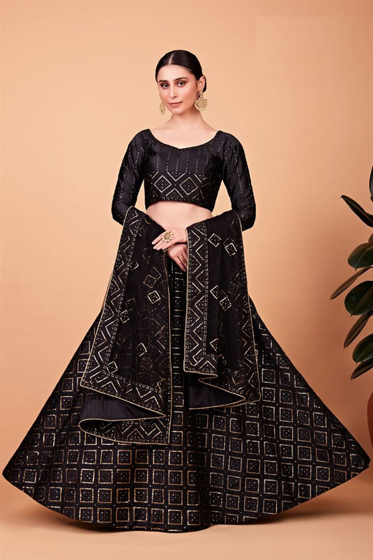 Black Color Sequins Work On Vintage Art Silk Lehenga