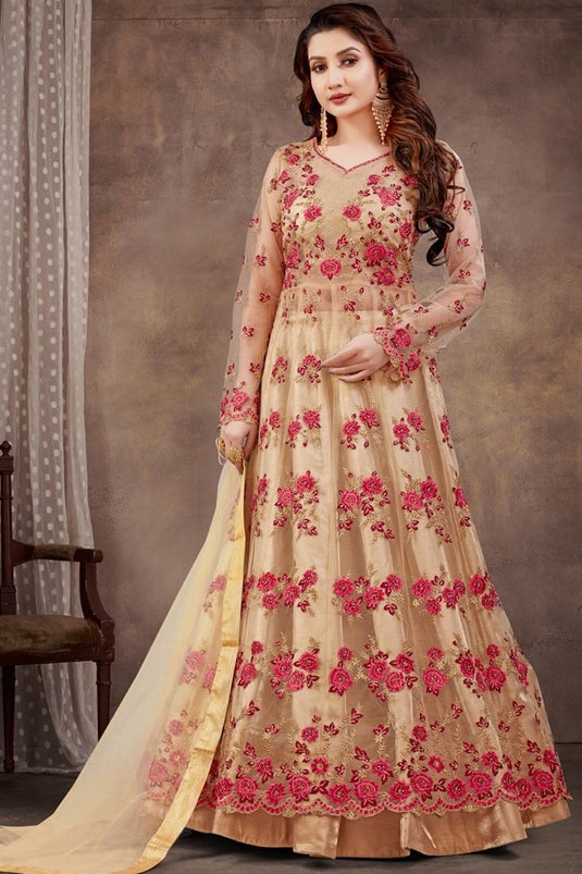 Cream Color Net Fabric Alluring Embroidered Anarklai Suit