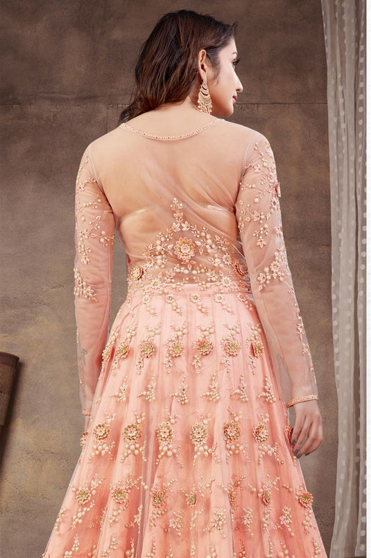 Net Fabric Peach Color Embroidered Work Elegant Anarklai Suit