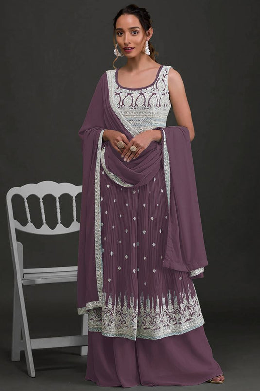 Georgette Lavender Embroidered Straight Palazzo Suit