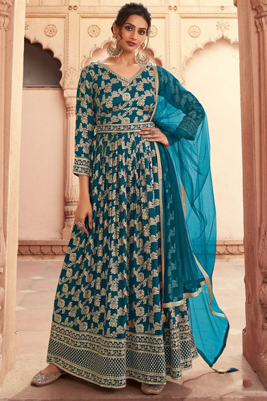 Teal Color Art Silk Fabric Function Style Tempting Anarkali Suit