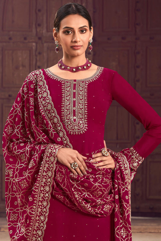 Georgette Fabric Fancy Embroidered Function Wear Palazzo Salwar Kameez In Magenta Color