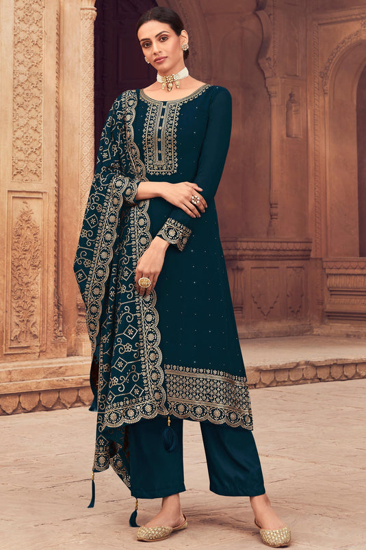 Blue Color Festive Wear Embroidered Palazzo Salwar Suit In Georgette Fabric