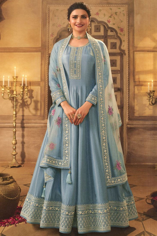 Prachi Desai Intricate Sky Blue Color Sangeet Wear Art Silk Anarkali Suit