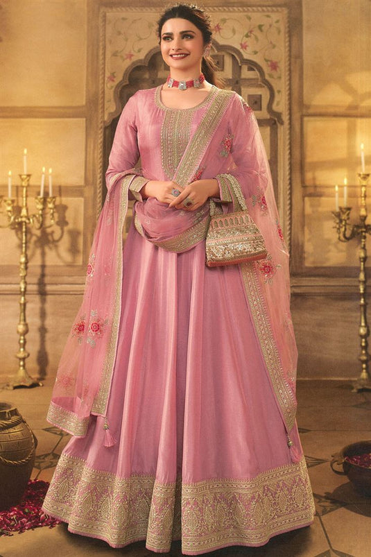 Prachi Desai Precious Sangeet Wear Pink Color Art Silk Anarkali Suit