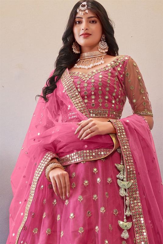 Sequins Work Pink Color Glorious Lehenga In Net Fabric