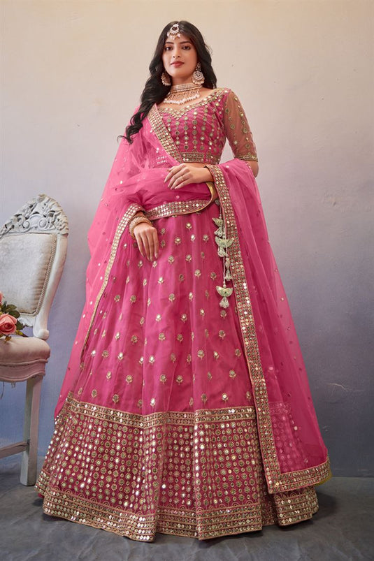 Sequins Work Pink Color Glorious Lehenga In Net Fabric