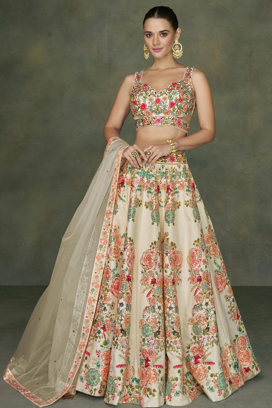 Beige Color Embroidered Readymade 3 Piece Lehenga Choli In Silk Fabric