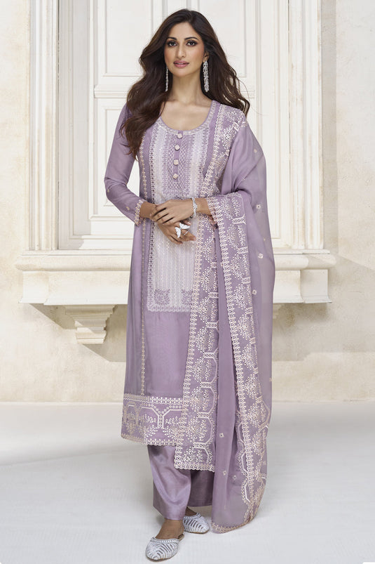 Lavender Color Organza Silk Fabric Fancy Embroidered Function Wear Designer Long Straight Cut Salwar Suit