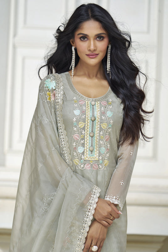 Festive Wear Embroidered Designer Long Straight Cut Salwar Kameez In Organza Silk Fabric Grey Color