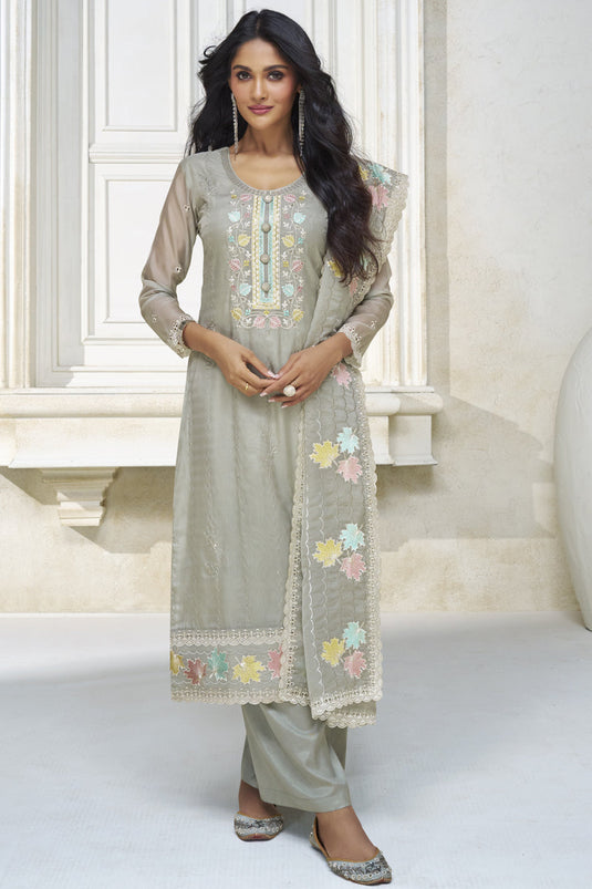 Festive Wear Embroidered Designer Long Straight Cut Salwar Kameez In Organza Silk Fabric Grey Color