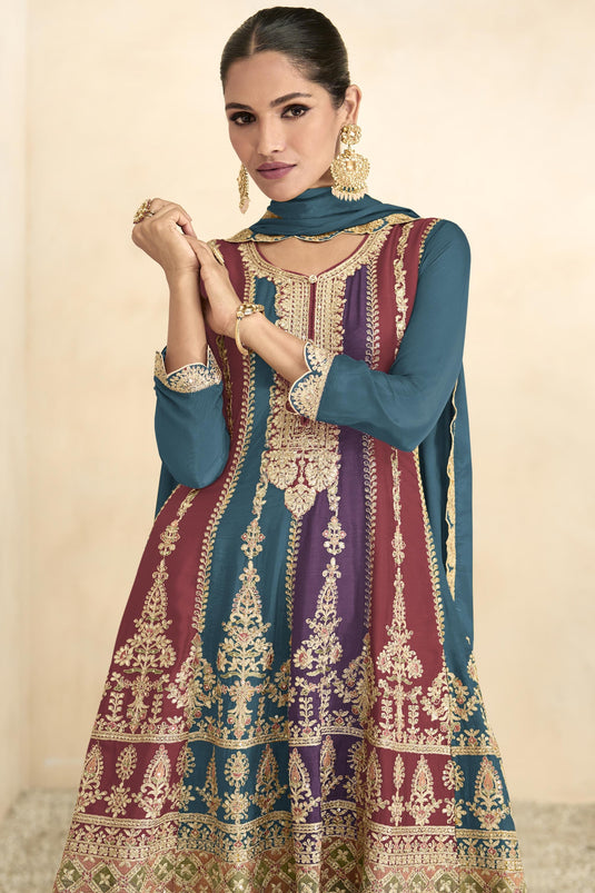 Chinon Fabric Teal Color Embroidered Readymade Pakistani Palazzo Suit