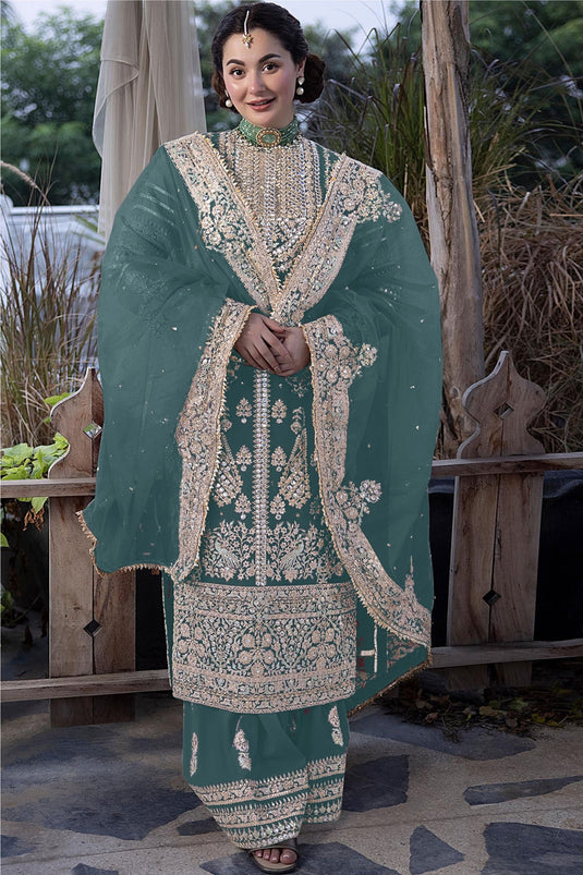 Fascinating Sea Green Color Georgette Fabric Pakistani Replica Palazzo Suit