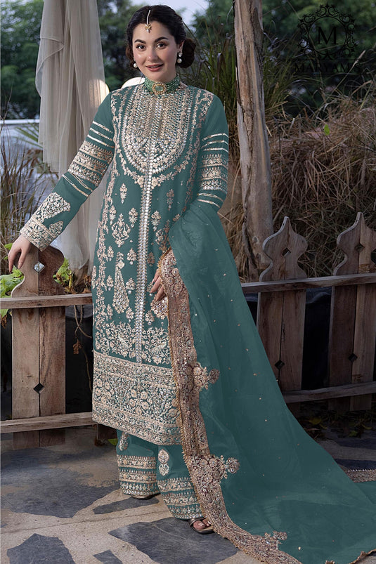 Fascinating Sea Green Color Georgette Fabric Pakistani Replica Palazzo Suit