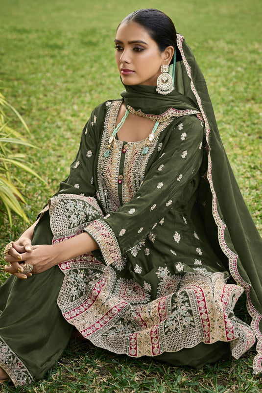 Chinon Fabric Captivating Mehendi Green Color Readymade Palazzo Suit