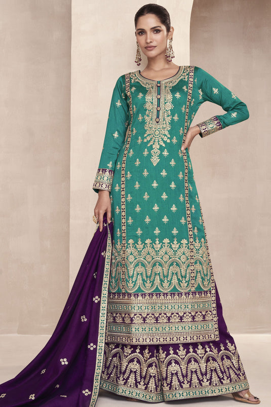 Cyan Color Art Silk Fabric Embroidered Readymade Palazzo Salwar Suit