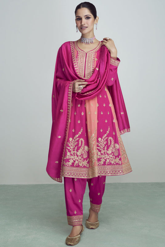 Rani Color Party Wear Embroidered Readymade Designer Suit In Silk Fabric