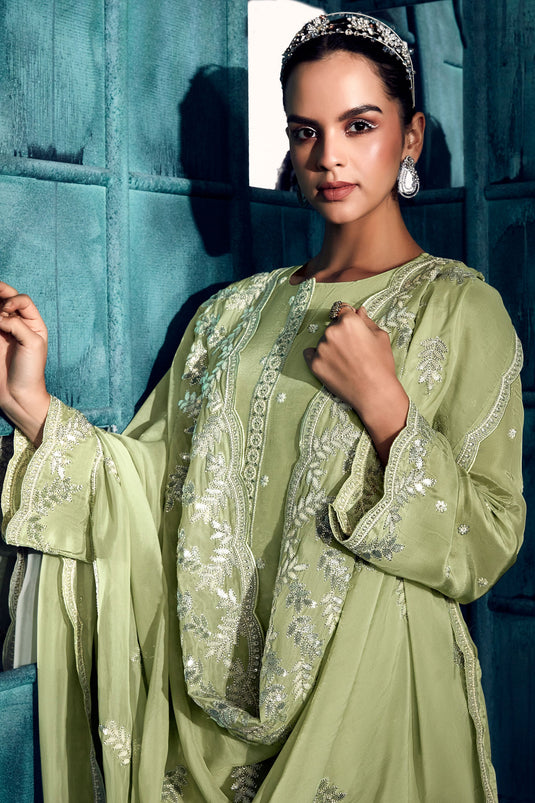 Party Style Sea Green Color Inventive Embroidered Salwar Suit In Art Silk Fabric