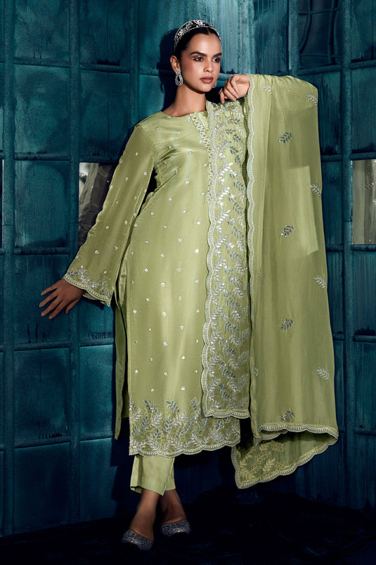 Party Style Sea Green Color Inventive Embroidered Salwar Suit In Art Silk Fabric