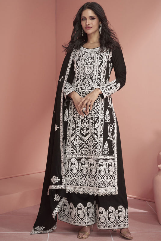 Vartika Singh Black Color Trendy Readymade Palazzo Suit In Art Silk Fabric