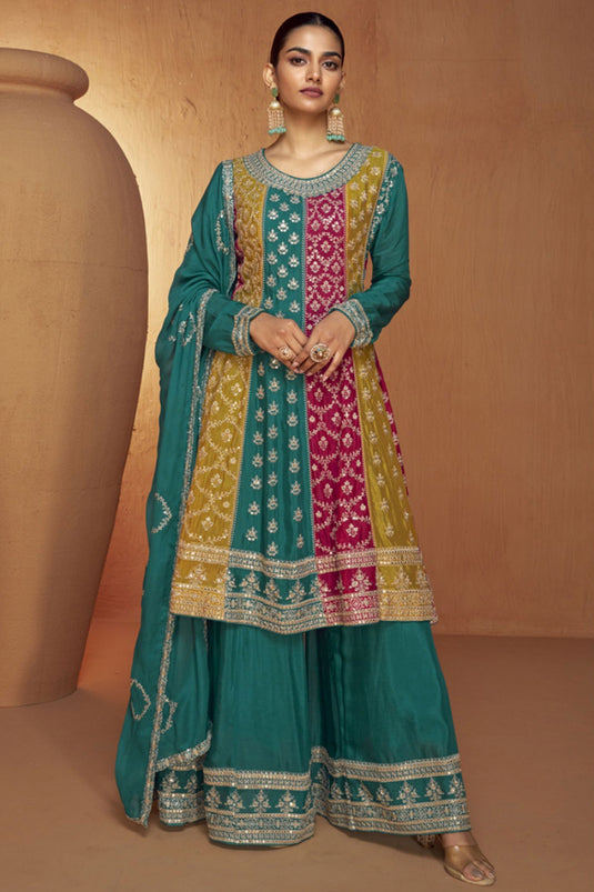 Delight Teal Color Chinon Fabric Embroidered Readymade Palazzo Salwar Kameez