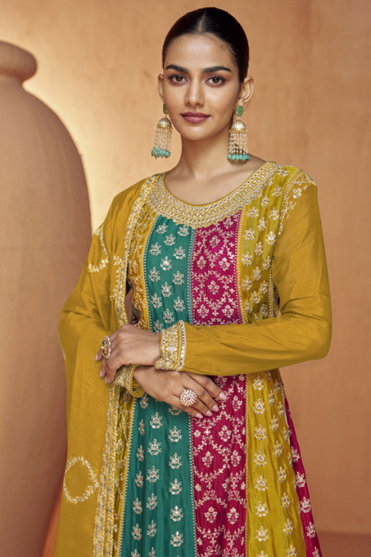 Exclusive Chinon Fabric Embroidered Mustard Color Readymade Palazzo Suit