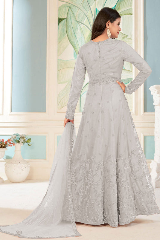 Grey Color Embroidered Anarkali Suit In Net Fabric