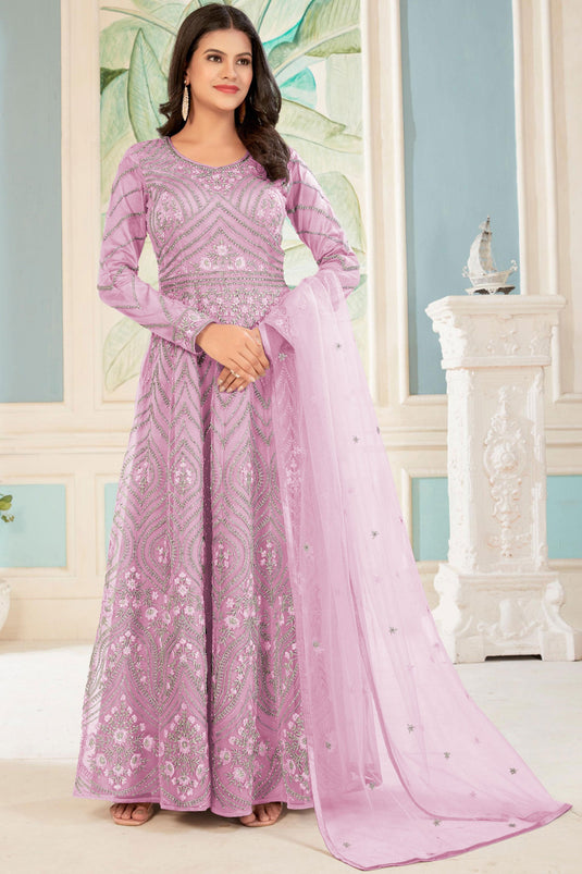 Embroidered Pink Color Long Anarkali Salwar Kameez In Net Fabric