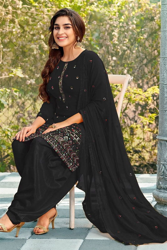 Black Color Embroidered Trendy Patiala Suit In Georgette Fabric