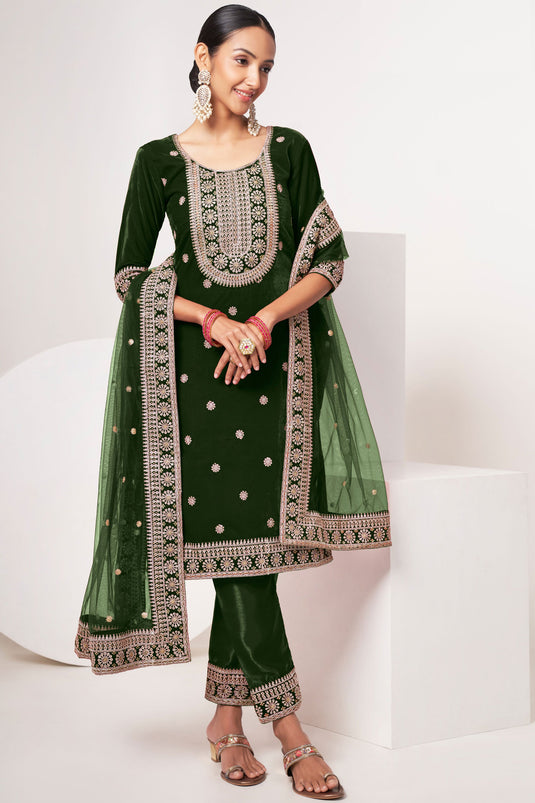 Embroidered Dark Green Color Salwar Kameez In Velvet Fabric