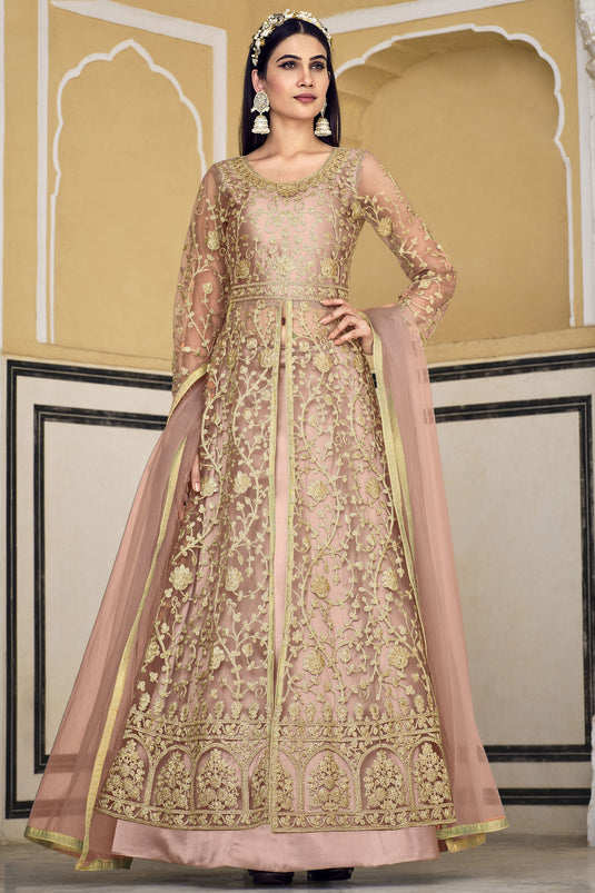 Net Fabric 3 Piece Sharara Top Lehenga In Peach Color