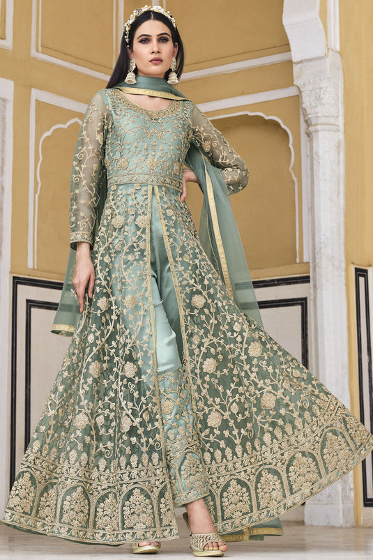 Light Cyan Color Net Fabric Alluring Party Style Anarkali Salwar Kameez