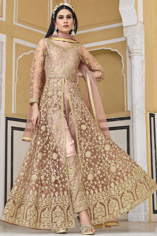 Net Fabric Peach Color Party Style Elegant Anarkali Salwar Suit