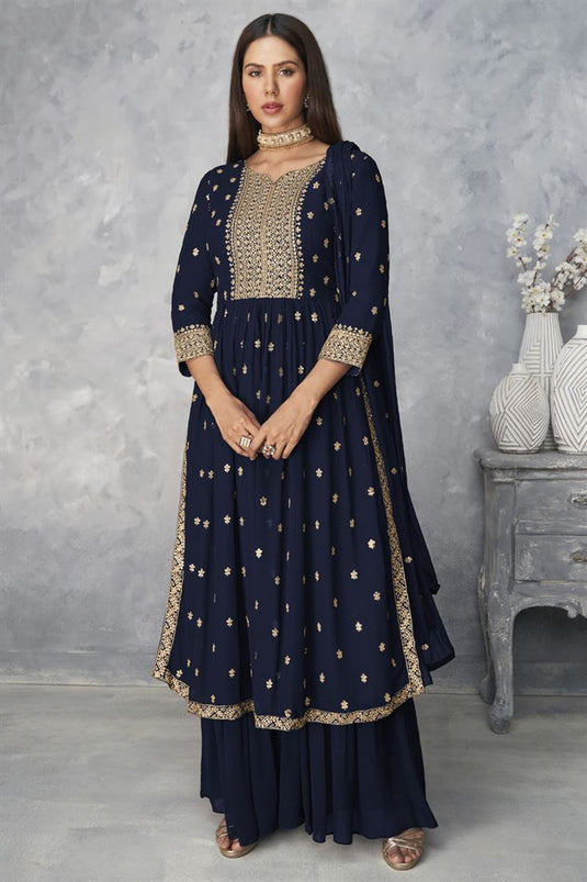 Sonam Bajwa Navy Blue Color Ravishing Palazzo Suit In Georgette Fabric