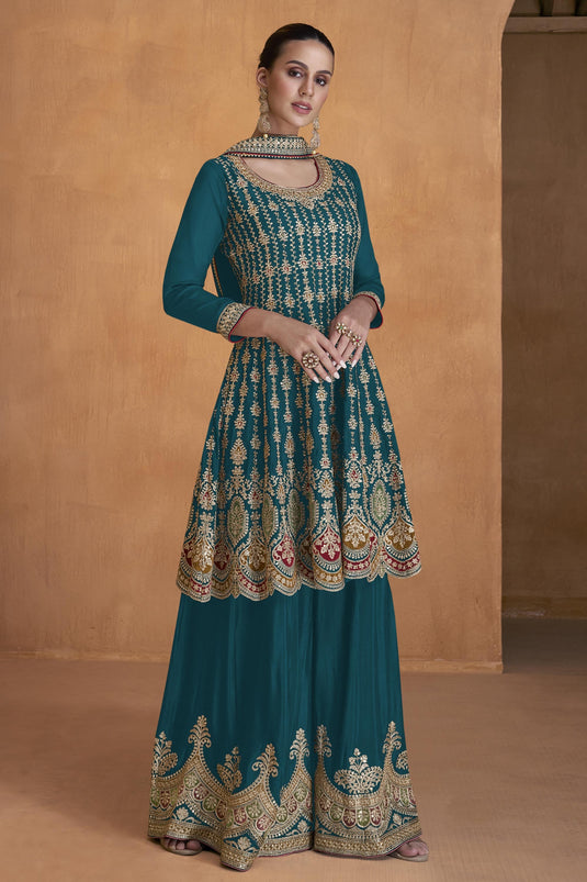 Chinon Fabric Embroidered Readymade Palazzo Suit In Teal Color