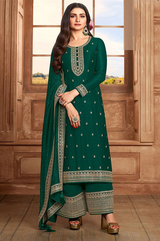 Prachi Desai Superior Art Silk Palazzo Suit For Function In Dark Green Color