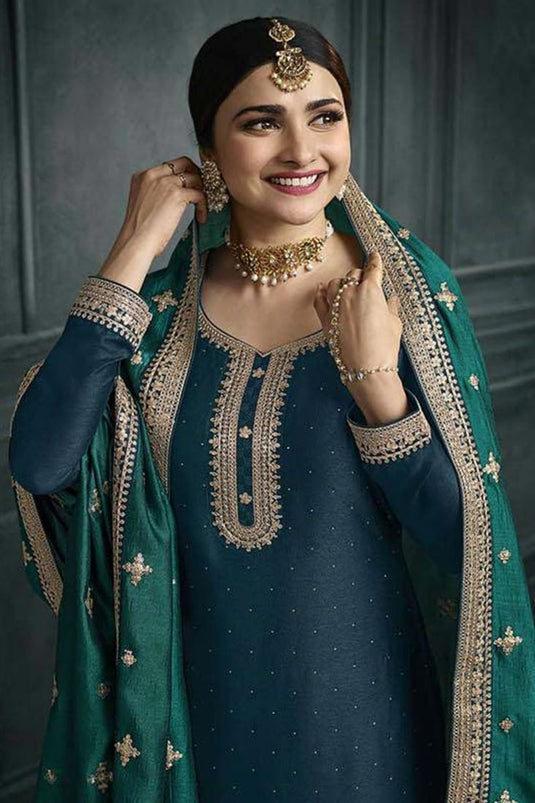 Prachi Desai Teal Color Glittering Georgette Palazzo Suit