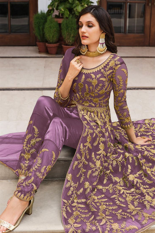 Lavender Color Aristocratic Net Fabric Embroidered Salwar Suit