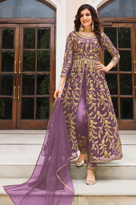 Lavender Color Aristocratic Net Fabric Embroidered Salwar Suit