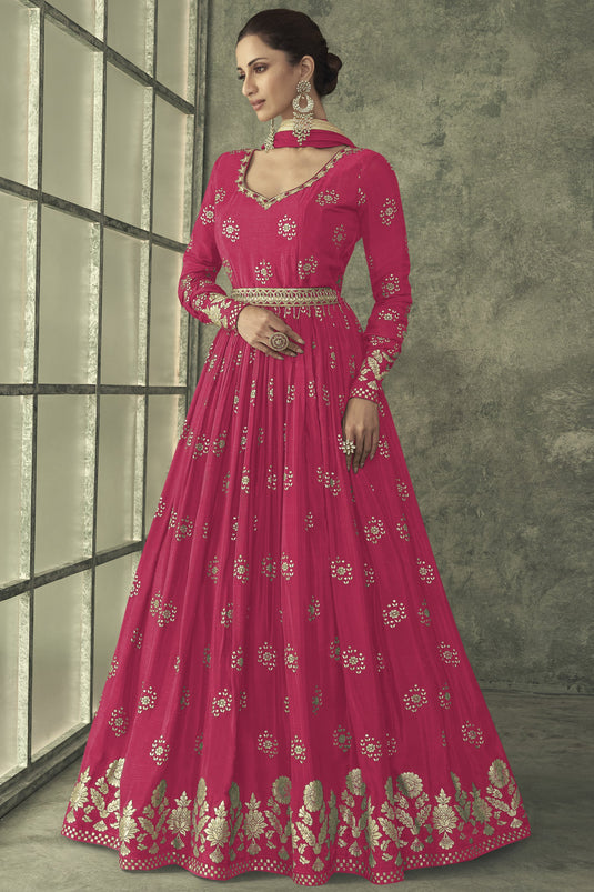 Soft Weaving Work Rani Color Readymade Party Style Gown With Dupatt