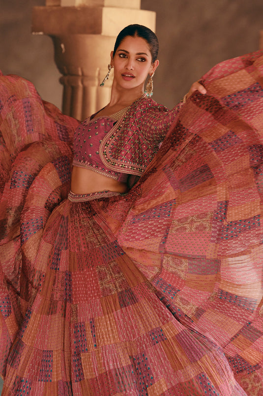 Chinon Fabric Pink Color Wedding Wear Readymade Indo Western Lehenga With Jacket