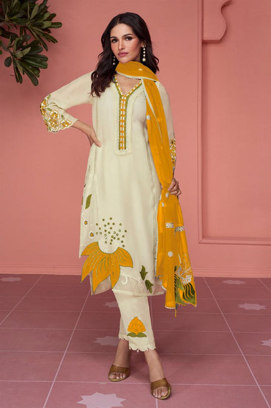 Georgette Fabric Beige Color Festive Wear Embroidered Salwar Kameez