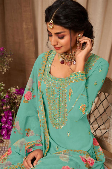 Georgette Cyan Color Gorgeous Readymade Sharara Top Lehenga