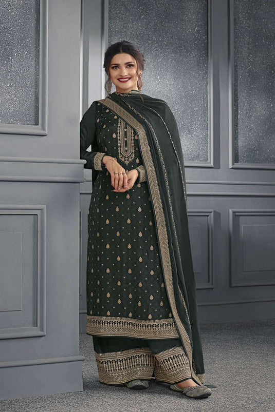 Prachi Desai Jacquard Fabric Brilliant Palazzo Suit In Olive Color