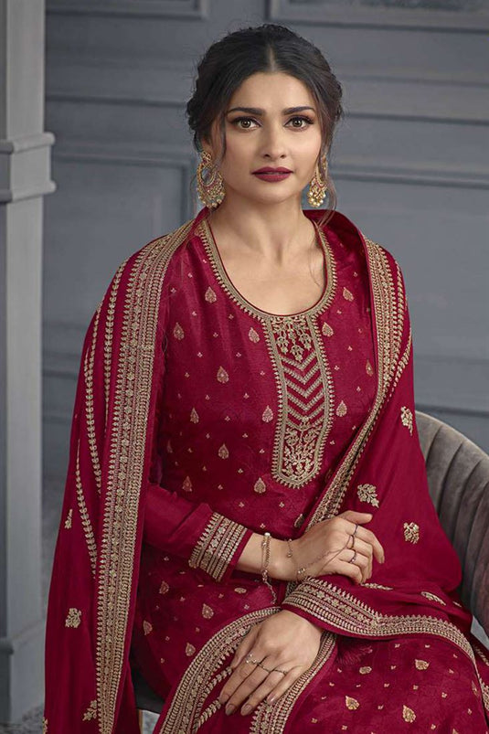 Prachi Desai Jacquard Fabric Wonderful Palazzo Suit In Maroon Color