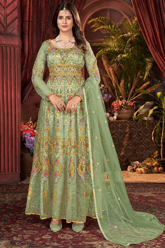 Komal Vora Sea Green Color Net Fabric Tempting Anarkali Suit For Function